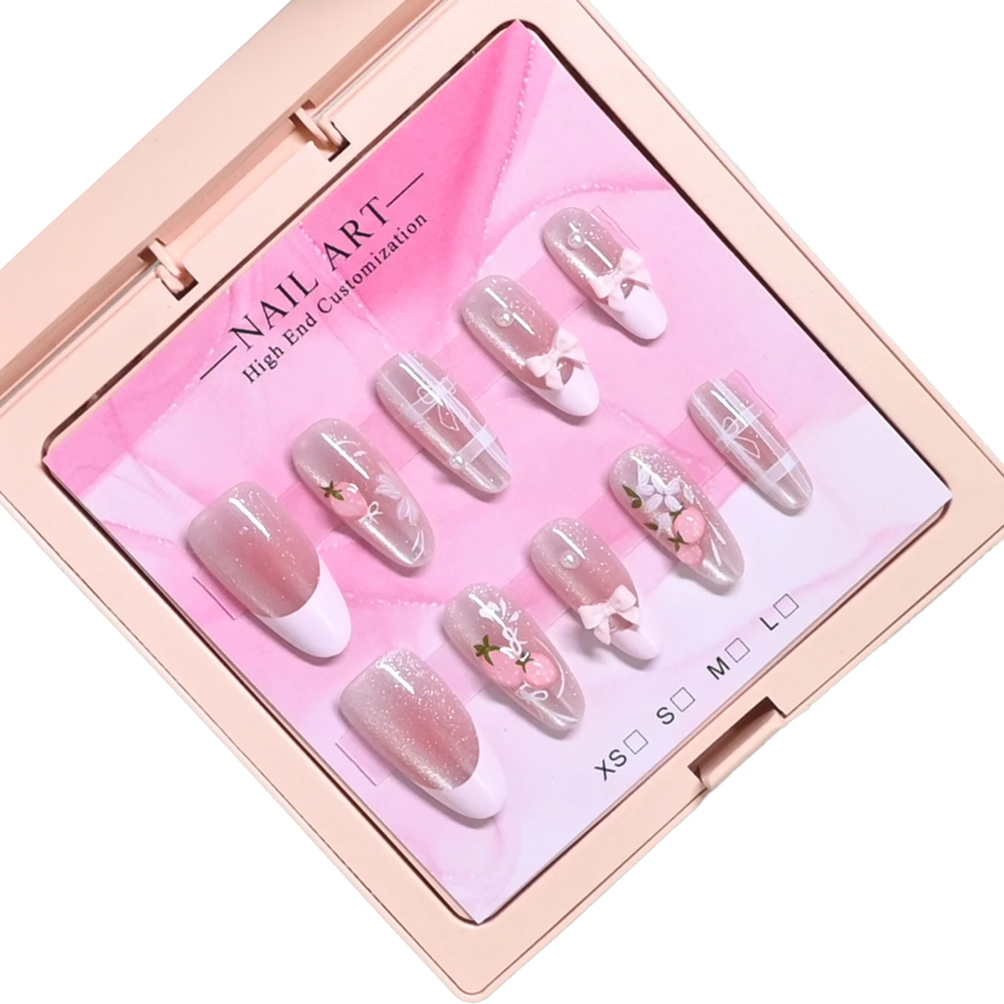 10 handmade almond nails in mirror pink case. Nude glitter base with white French, strawberry print & 3D bows. Reusable, sweet b