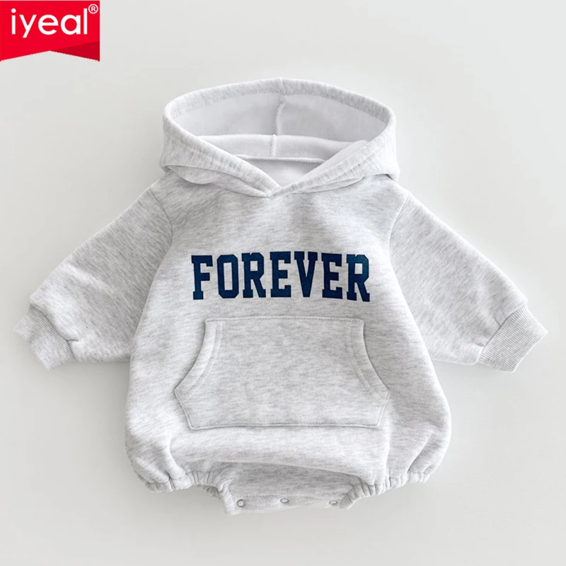 iyeal-韓国版ベビー冬用ジャンプスーツ、西洋風の文字が入った男の子と女の子用、フード付きフリースパーカー