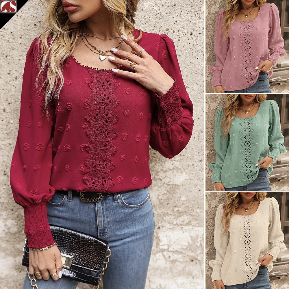 Women Fashion Lace Stitching Shirt Blouse Autumn Long Sleeve Crochet Loose Casual Tops Elegant Polka Dots OL Shirt Blusas 2023