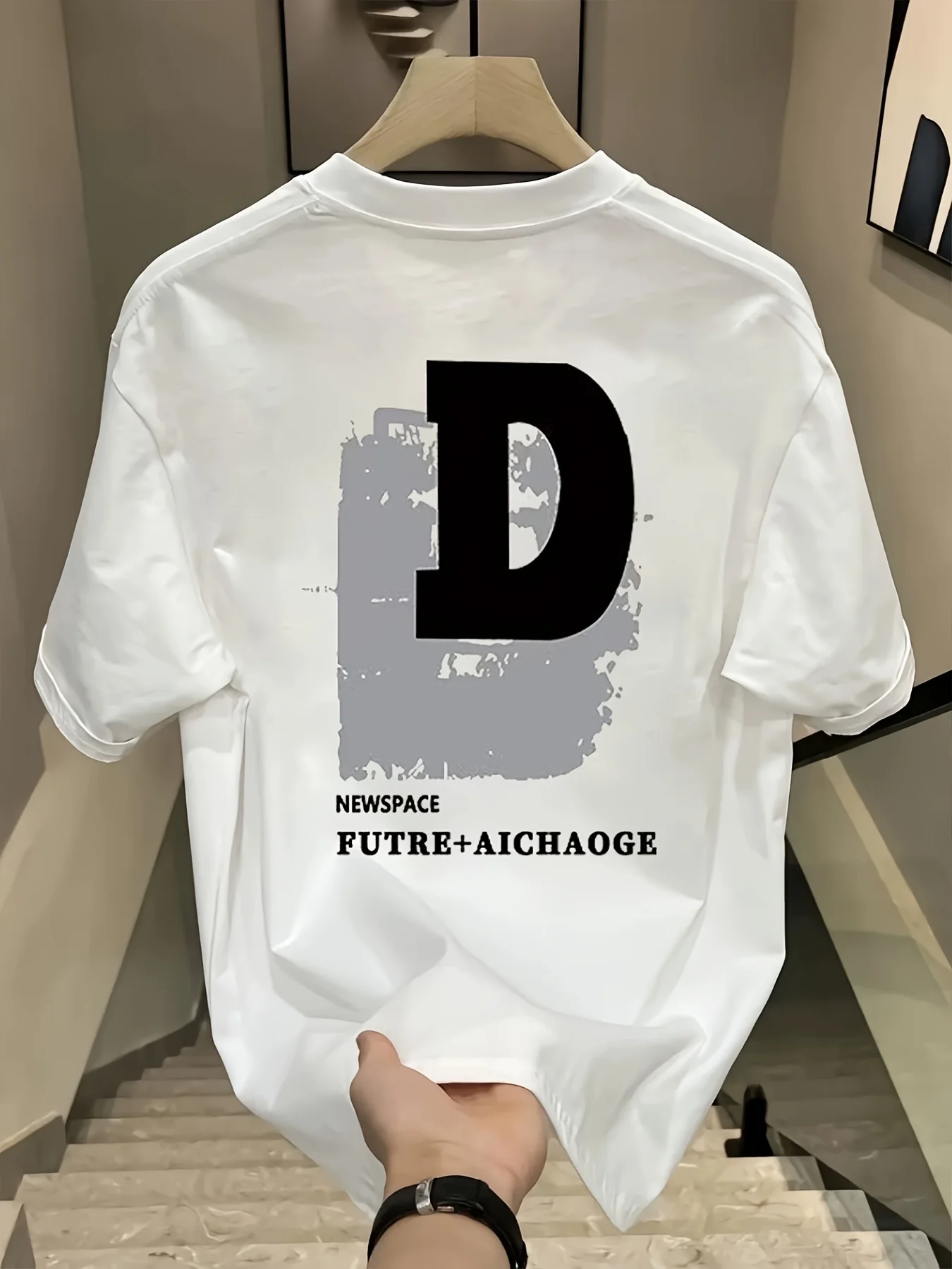 Large White D with Grey Brushstroke Print 100% Cotton Mens T Shirt for Summer Streetwear Has A Clean Modern Urban Aesthetic