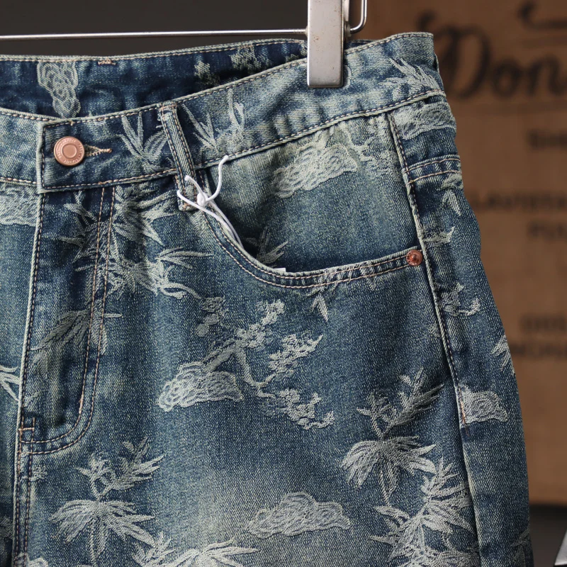 2025年夏トレンドブランド高級ウォッシュドジャカードデニムショーツ メンズ、ルーズストレートレッグペンタグラムショーツ