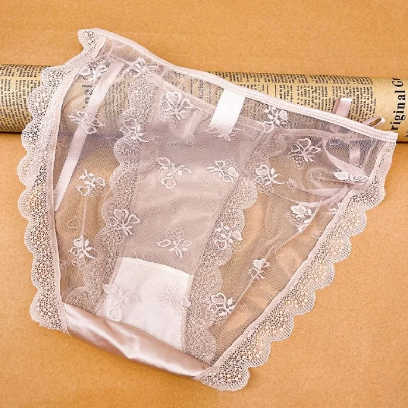 

Sexy Silky Plus Size Underwear Sissy Transparent Soft Comfortable Lace Edges Panties Fashion Mesh Up Bow Low-Rise Couple Briefs