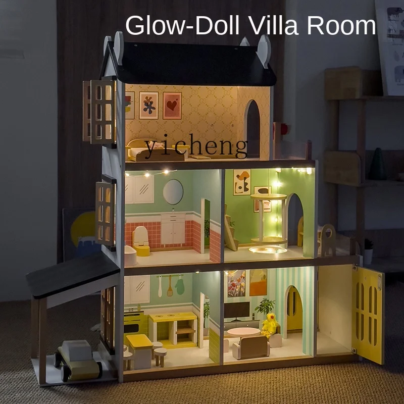 XL Children Play House Luminous Doll Villa Room Simulation Toy House Boys and Girls Wooden