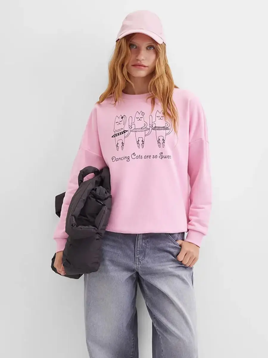 Zabawne Komiksy z Kotami Nadruk Różowe Bluzy Temperament Kobiety Moda Uliczna Okrągły Dekolt Oversize Pulower Jesień Modny Długi Rękaw