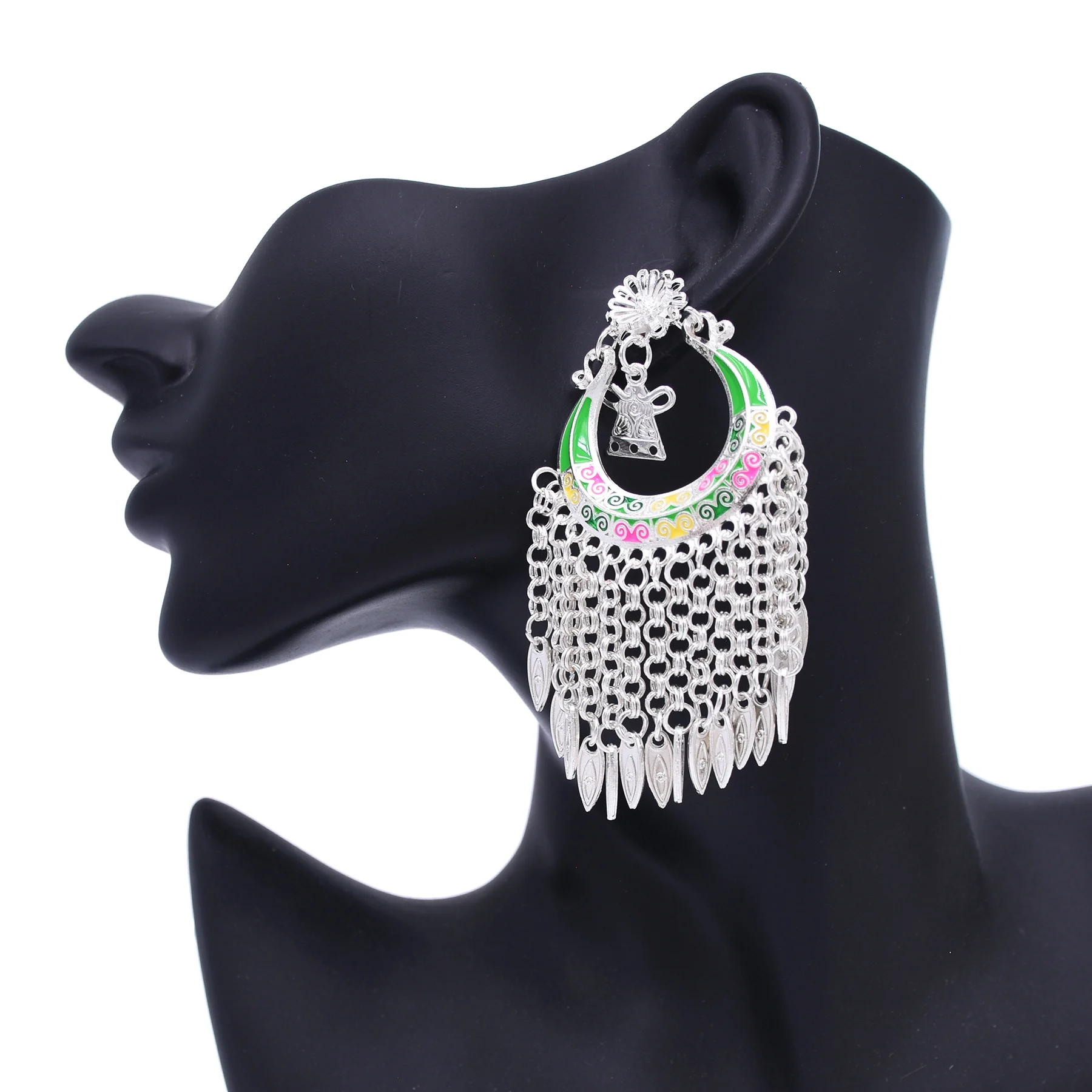 Boho Enamel Alloy Carved Tassel Earring for Women Trendy Ethnic Moon Pendant Geometric Dangle  Jewelry Turkey Kurdish Accessory