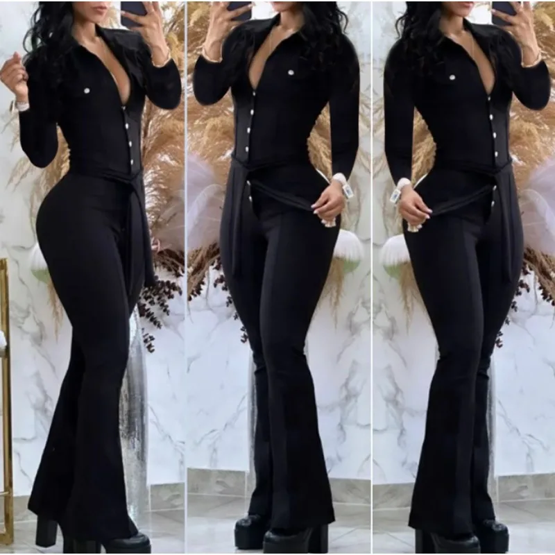 

Jumpsuit Women 2024Autumn Fashion Button Casual Turn-Down Collar Long Sleeve Skinny Bootcut Jumpsuit with Belt Streetwear