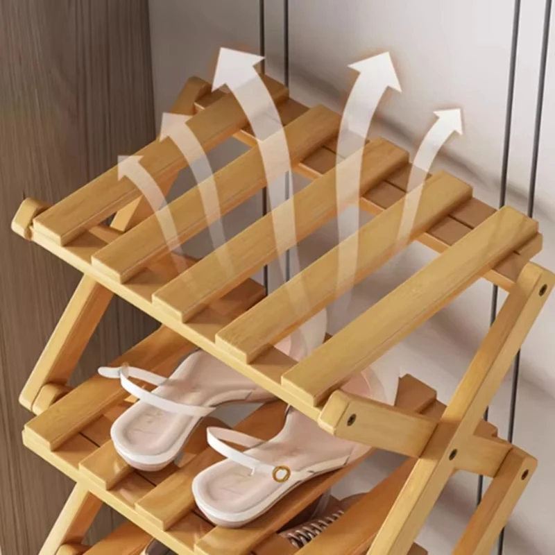 A74E-Bamboo Multi-Layer Folding Shoe Rack, Retractable Household Storage Shelf, Space-Saving Shoe Organizer