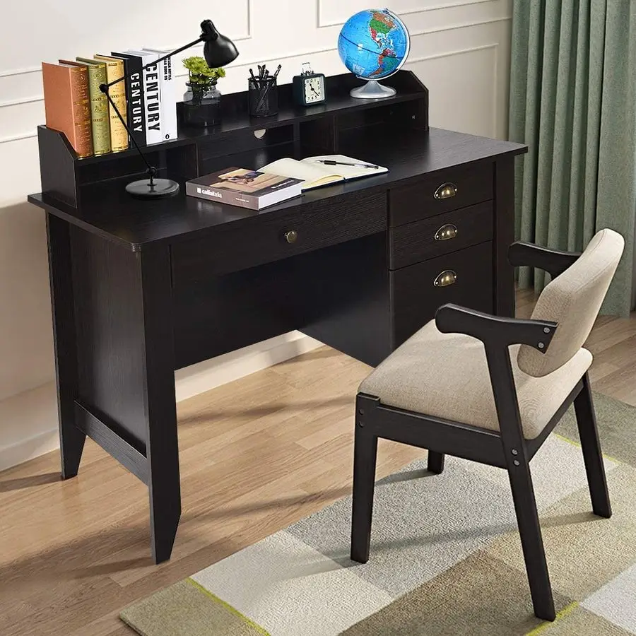 Home Office Desk with Drawers and Hutch, Small Computer Desk with File Drawers, Writing Study Teens Student Desk for Bedroom, St