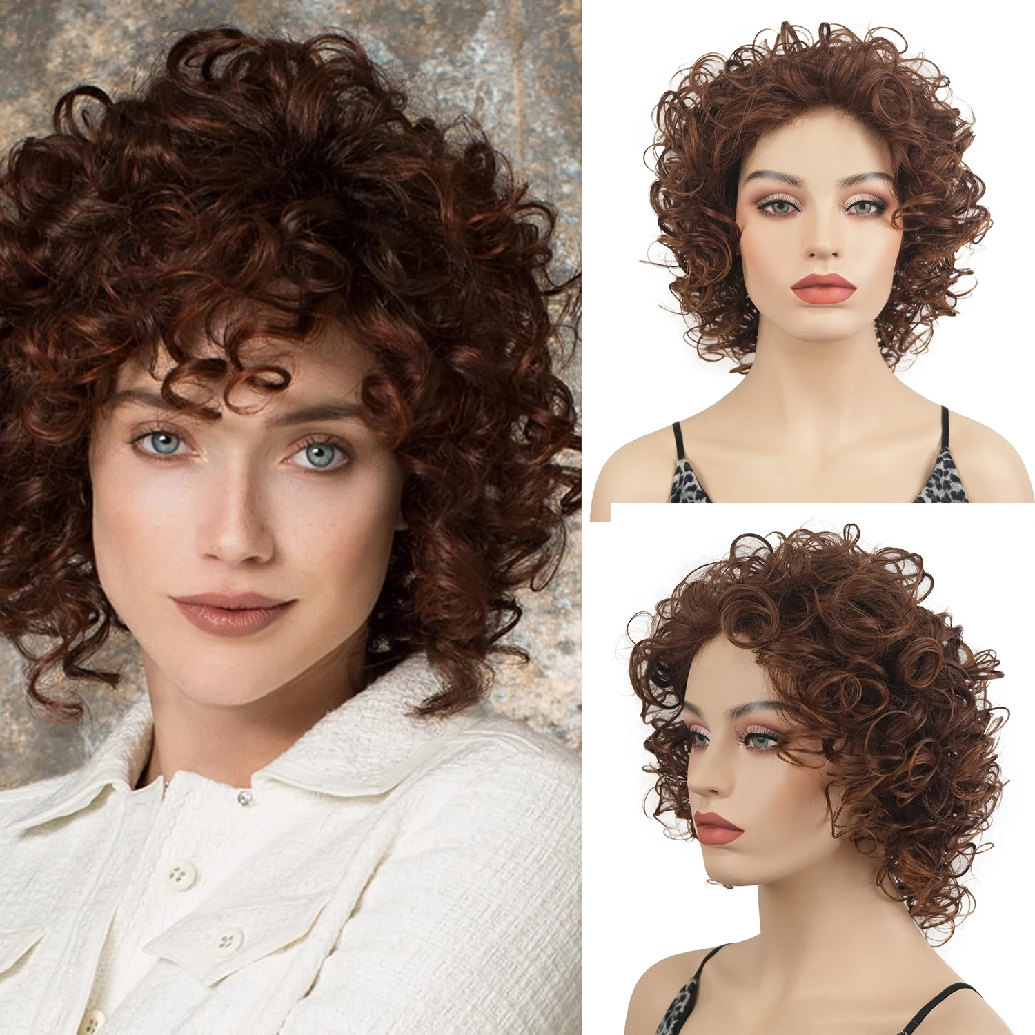 

Каштановые короткие супер вьющиеся многослойные синтетические парики с натуральным движением для женщин