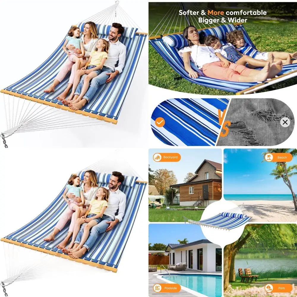 

Portable Blue Double Hammock with Spreader Bar, Soft Pillow, 500lbs Capacity, Ideal for Outdoor Adventures and Relaxation