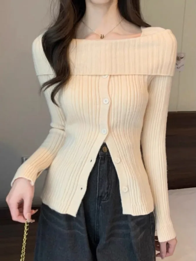 Chic ort oulder Bared Base Layer irt Ropa interior de mujer Suéter de punto Cárdigan abierto Sli Top para Otoño Invierno