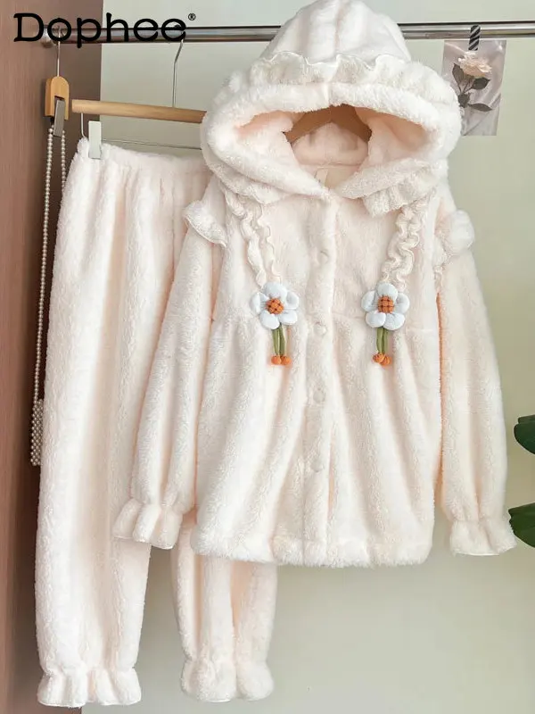 

Coral Fleece Pajamas Winter Women Wearable Outside 2025 New Fleece Lined Thickened Autumn Winter Cute Girls Homewear Set