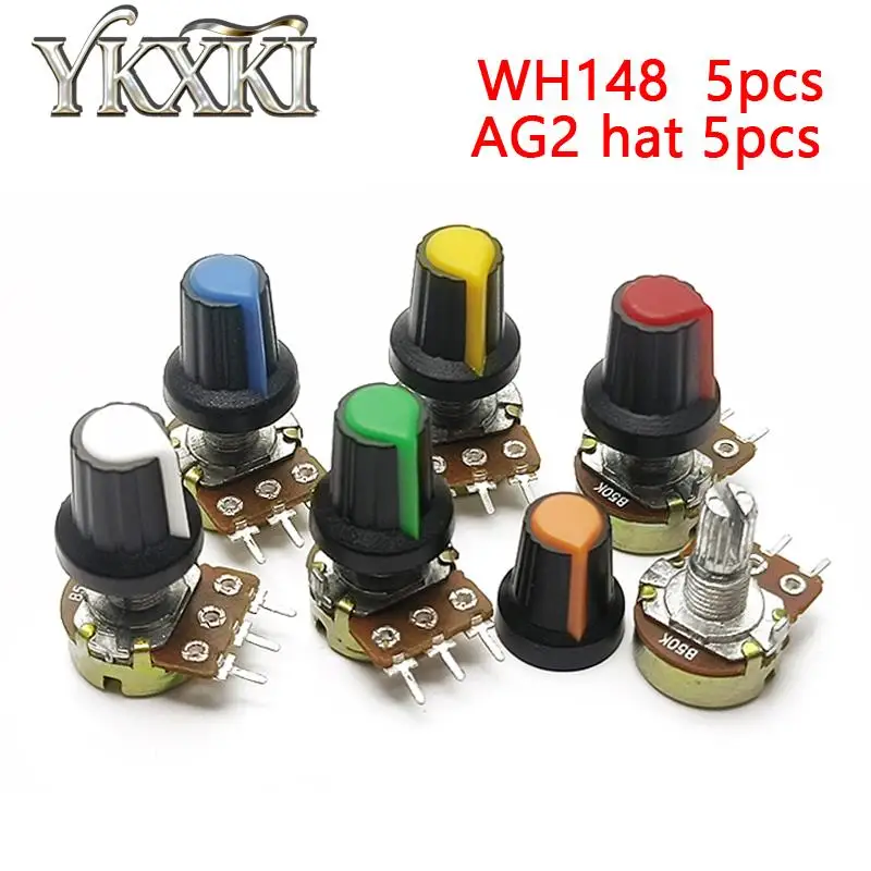 5 Sets WH148 1K 10K 20K 50K 100K 500K 1M Ohm 15mm 3Pin Linear Taper Rotary Potentiometer Resistor for Arduino with AG2 White cap