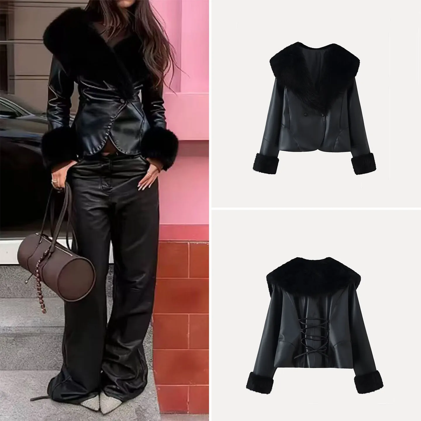 

Ele Commuter Sle Long Sve Coat with Fur Collar Splicing Design Autumn New Arrival Women's Faion Outerwear