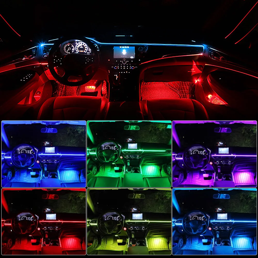 18 in 1 RGB 64 Color LED Car Ambient Light Dual Zone Interior Acrylic Strip Backlight Guide Decoration Atmosphere Lamp Dashboard