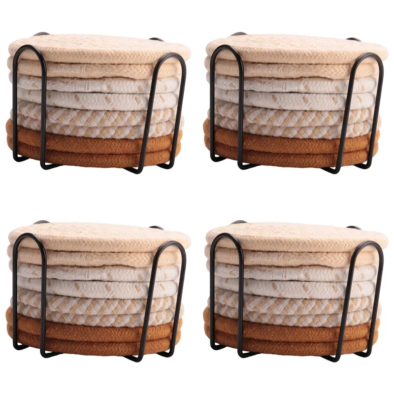

BHTS-32 Pcs Drink Coasters With Holder, 4 Colors Absorbent Coasters For Drinks, Cotton Woven Coaster Set For Home Decor A