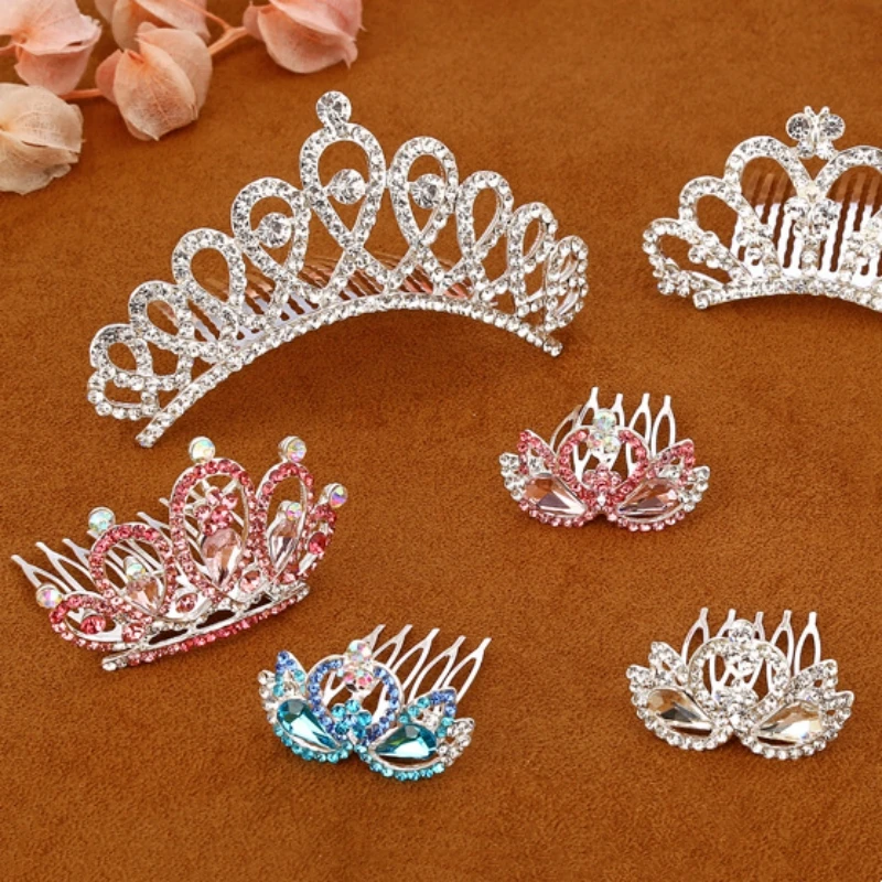 Girls Kids Princess Crown Mini Cute Flower Crystal Rhinestone Hair Combs Birthday Party Tiaras Decor Jewelry Hair Accessories