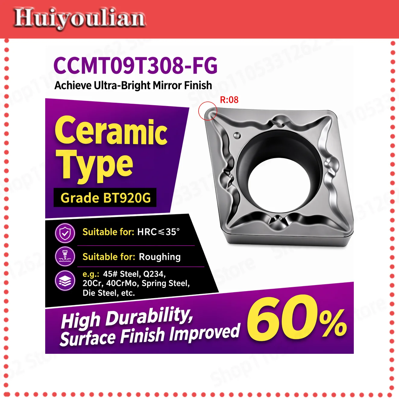 Industrial High Hardness Ceramic Super Bright CNC Boring Insert CCMT09T308-FG Roughing HRC0-35