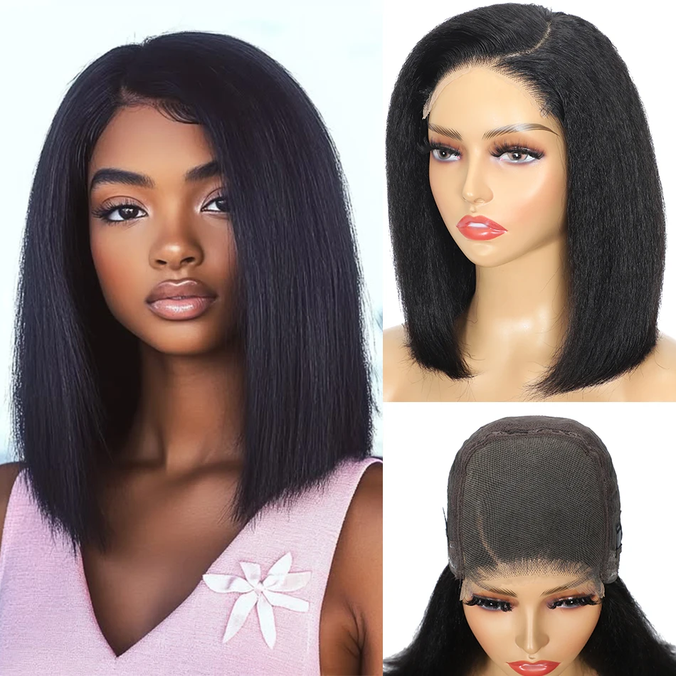 

Kinky Straight Bob Glueless 13X6 Lace Front Wig 200% Density Glueless Yaki Straight Lace Closure Human Hair Wigs for Black Women