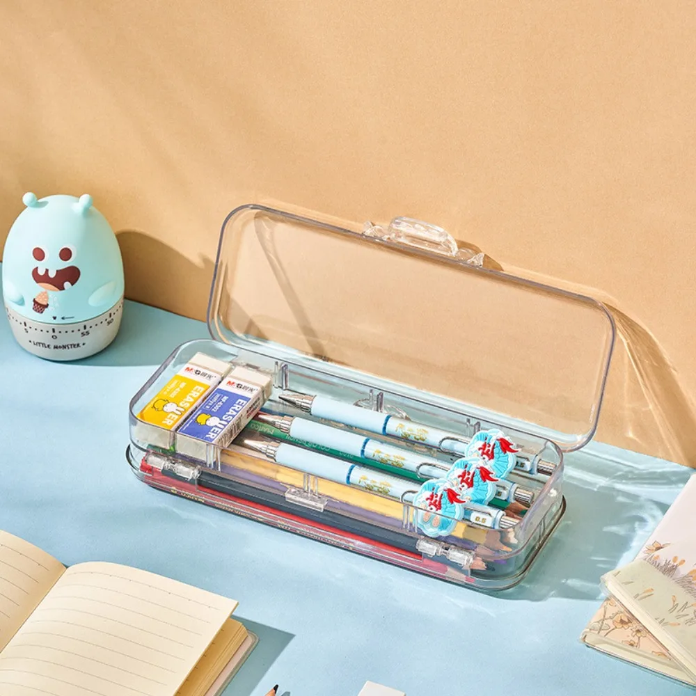 Imagem -03 - Double Deck Pencils Box Clear Régua Removível Dividindo Pen Case Grande Capacidade com Snap Lid Papelaria Box para Estudantes