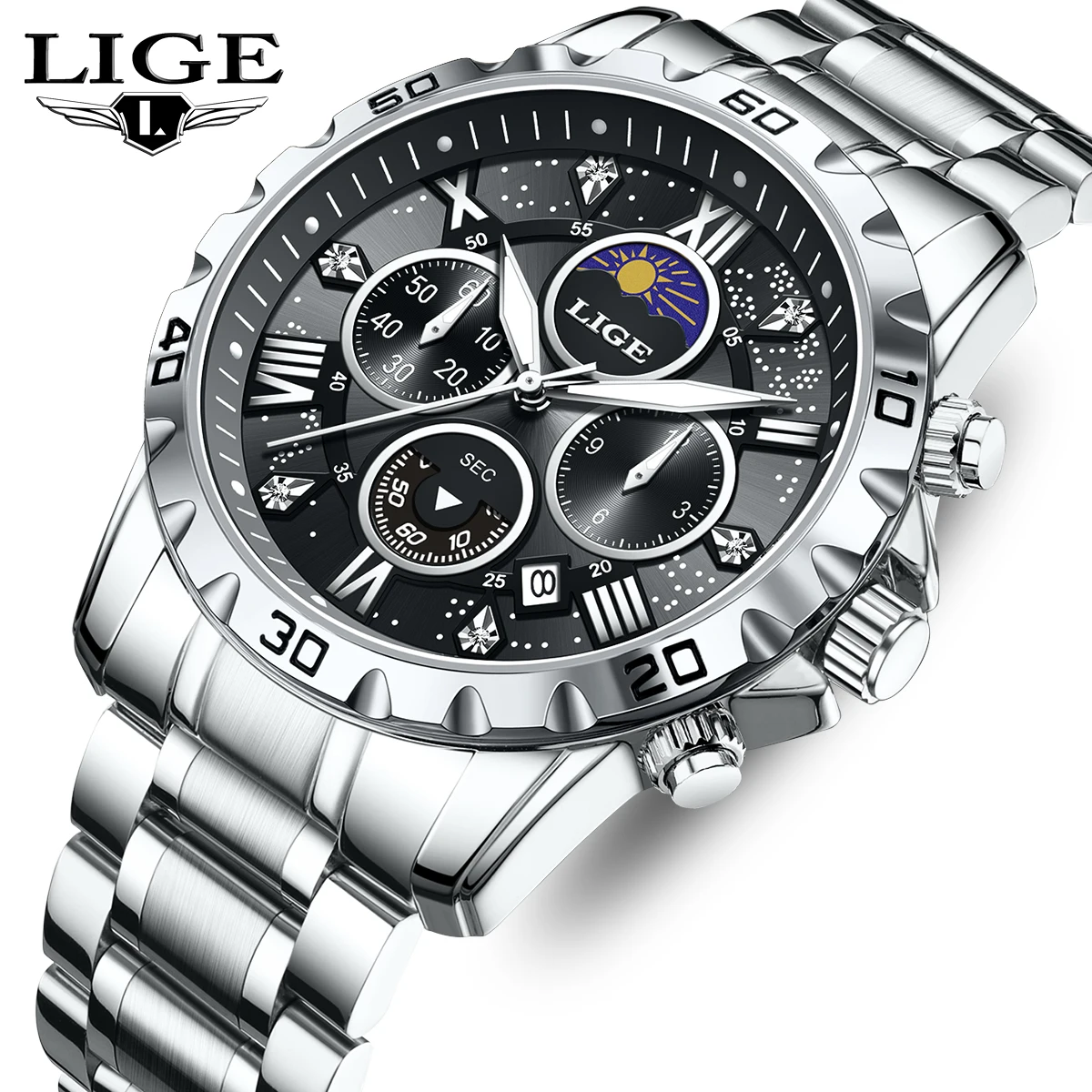 

LIGE Business Men's Watch Moon Phase Luminous Stainless Steel Calendar Fashion Waterproof quartz military watches men reloj+BOX