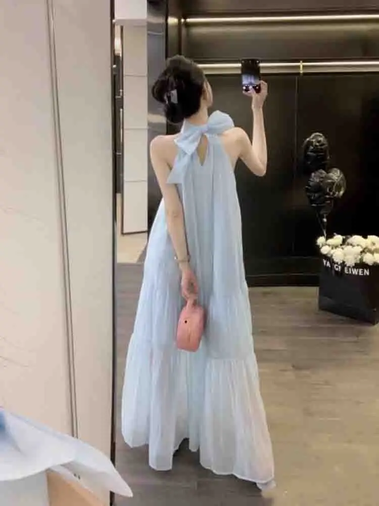 Summer Blue Bow Dress Hanging Neck Strap Summer Long Skirt Beach Vacation Skirt Leisure Commuting Beautiful Skirt