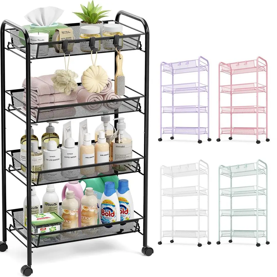 

4-уровневая тележка на колесах, металлическая универсальная тележка с 3 крючками, легко собираемая мобильная тележка для хранения на колесах, металлические стеллажи для кухни