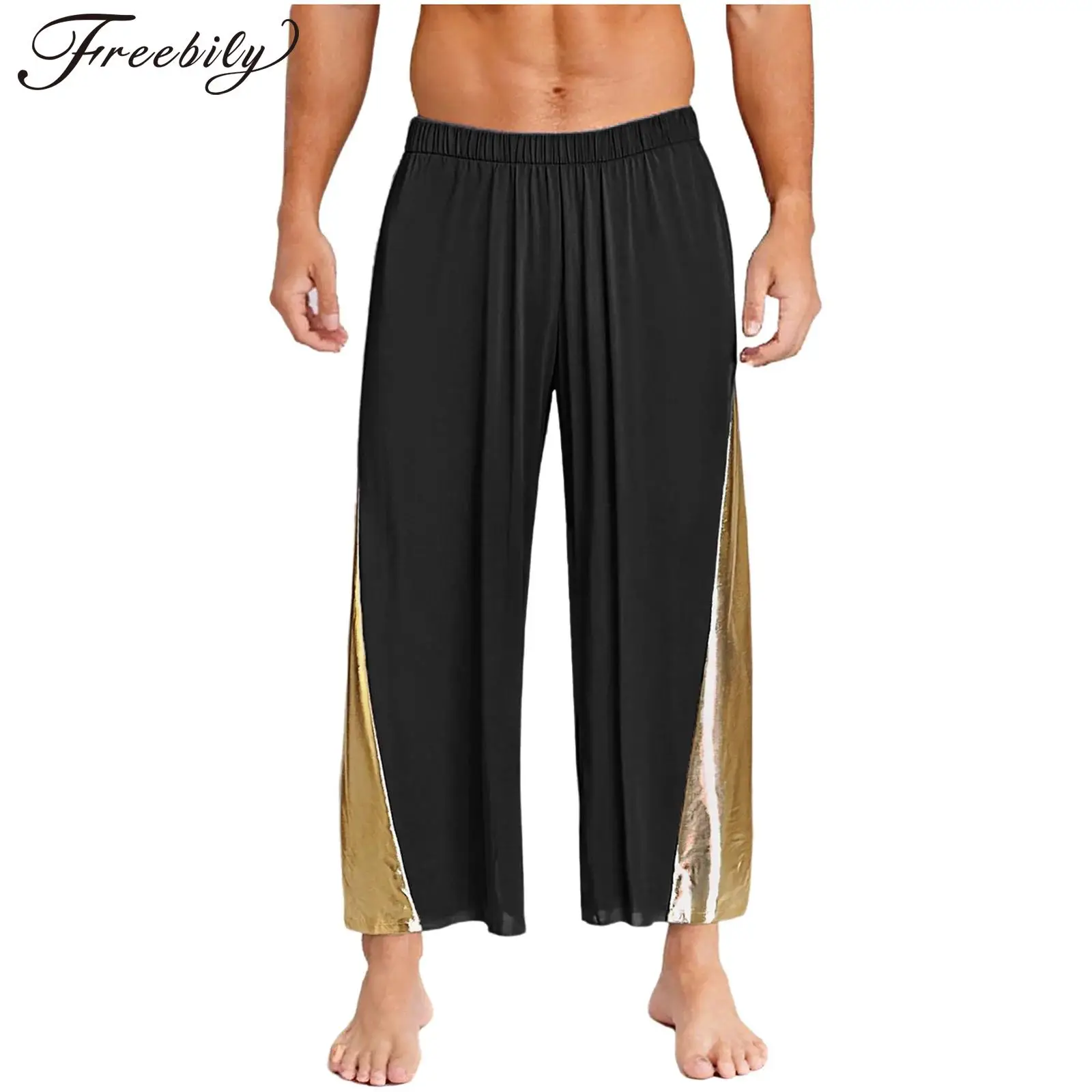 

Mens Loose Trousers Worship Lyrical Dance Costume Liturgical Praise Dance Pants Metallic Shiny Elastic Waistband Wide Leg Pants