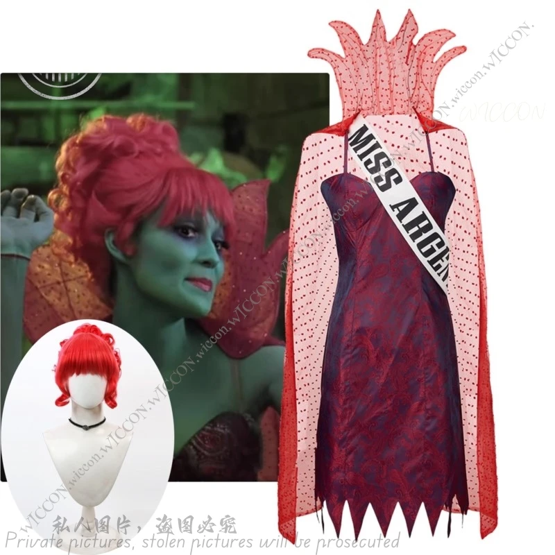 Horror Movie Miss Argentina Cosplay Costume Dead Receptionist Dress Cloak Outfit for Women Halloween Carnival Party Uniform Suit