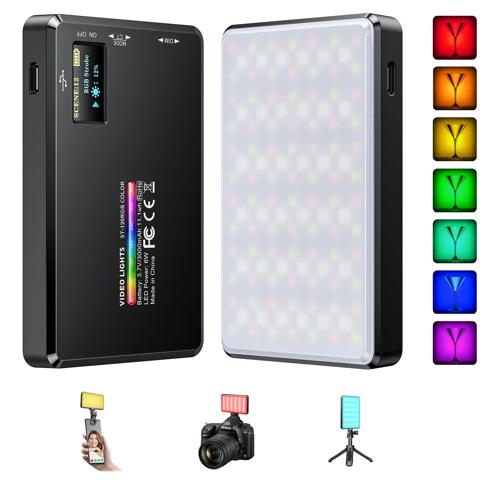 

ST-120 RGB светодиодный светильник для камеры, полноцветный выходной комплект видеолампы с регулируемой яркостью 2500K-9000K, двухцветный панельный светильник