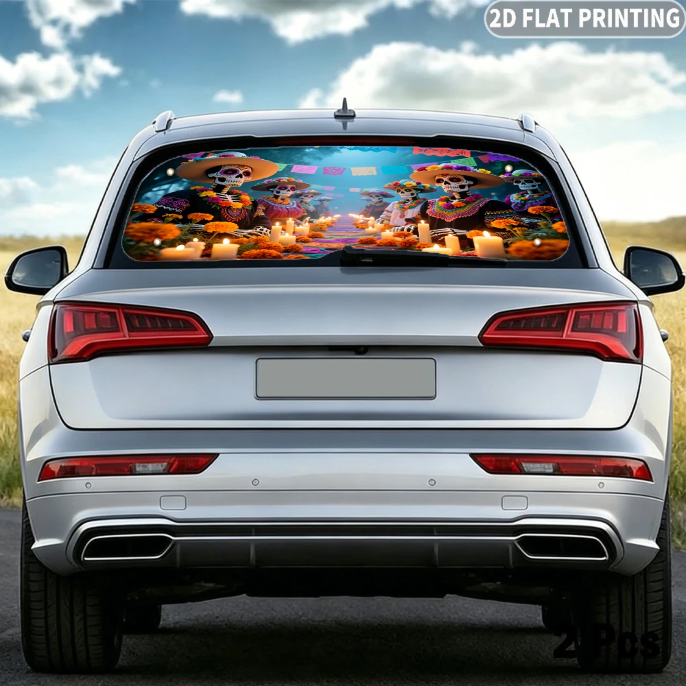 2D FLAT Printing 1pc Car Rear Window Sunshade Day Of The Dead Skeletons Candles Marigolds Festival, 4 Suction Cups, Effectively