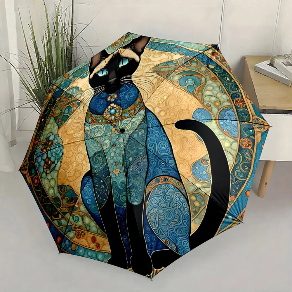 1PC Artistic cat pattern umbrella with intricate blue designs Print 8 Iron Ribs Folding Umbrella Auto-Open Fashion Sunshade
