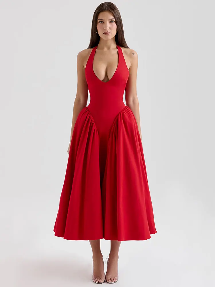 

2025 New Double Layer Halter Sexy Midi Long Dress For Women Summer Elegant Pleated Backless Club Party Evening Dress Vestidos