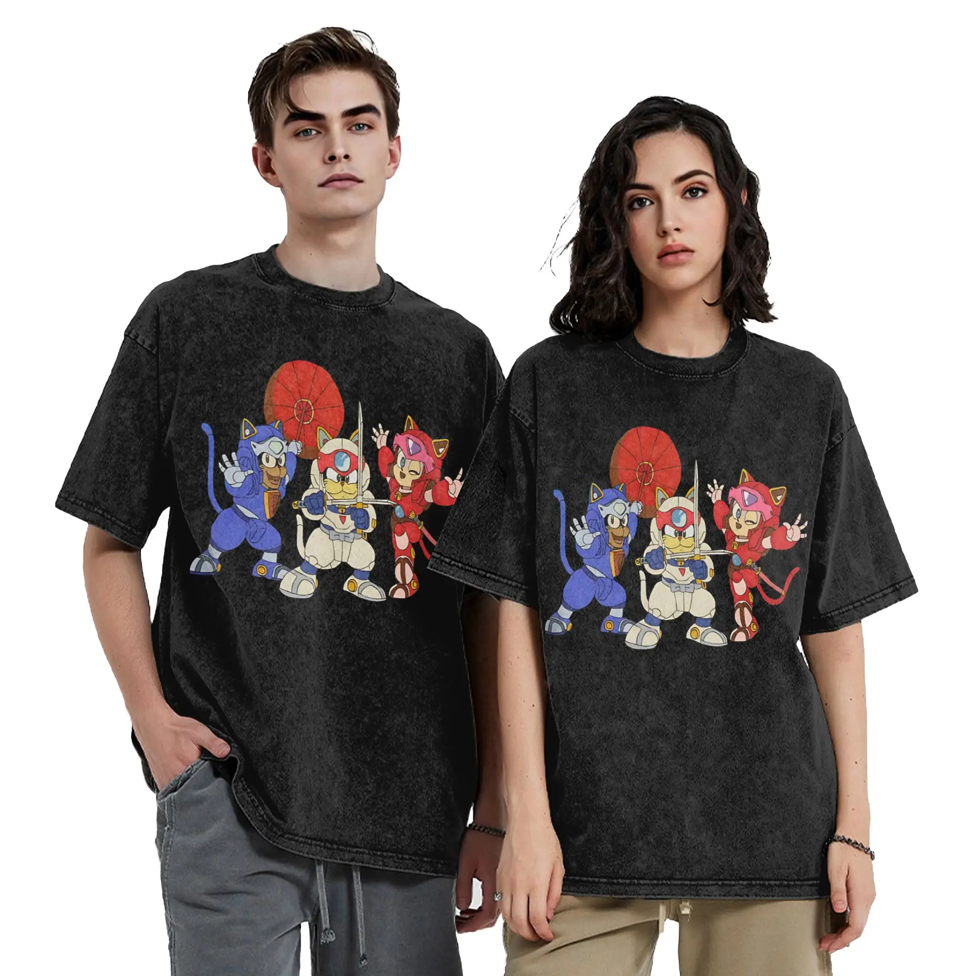 Washed T Shirt Samurai Pizza Cats Hip Hop Vintage T-Shirt Harajuku  Streetwear Short Sleeve Printed Tops Tees for Men Women