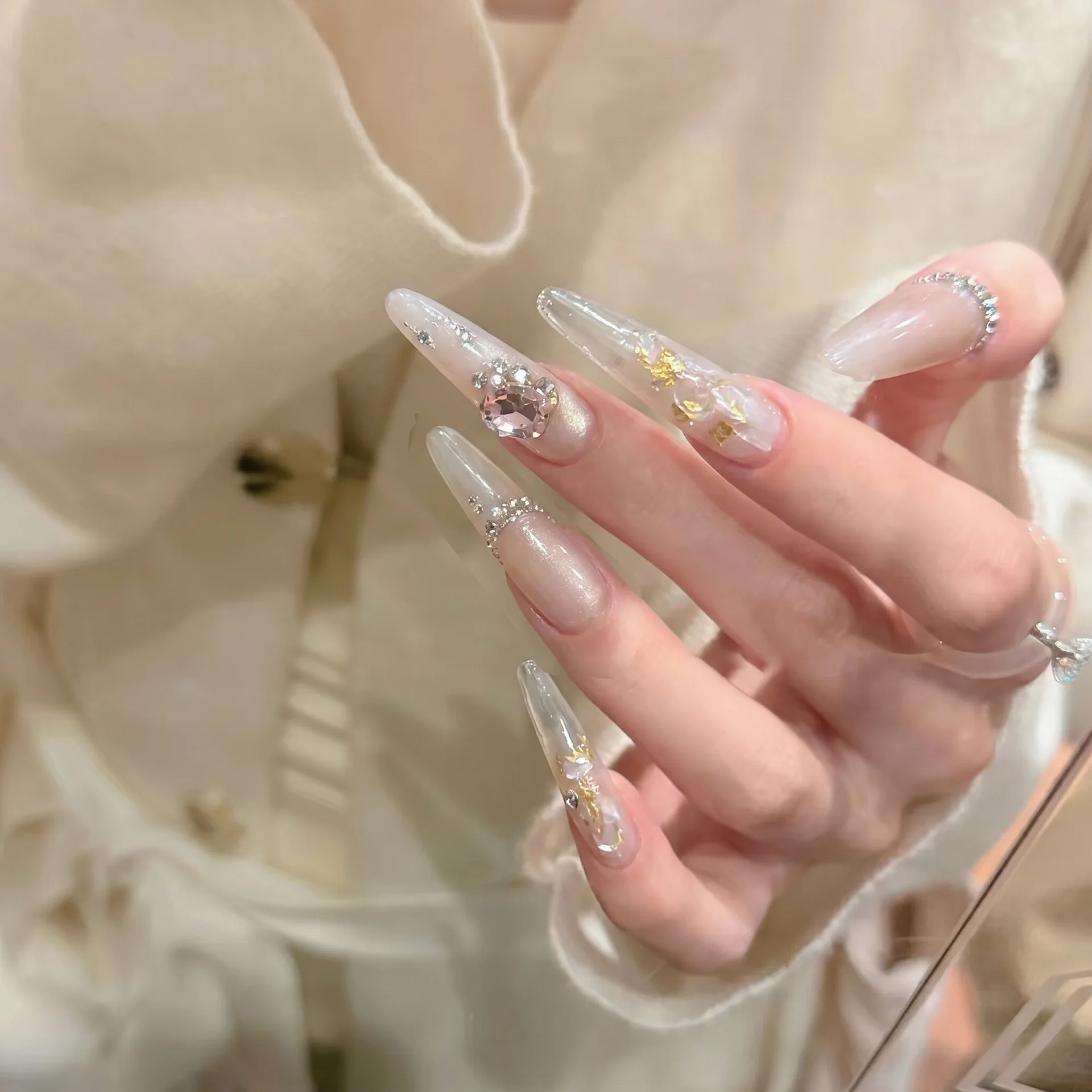 10pcs Luxury Handmade Long Stiletto Press On Nails Nude Pink Gradient French Cat Eye Rhinestone Design Fake Nails Wearable Nails