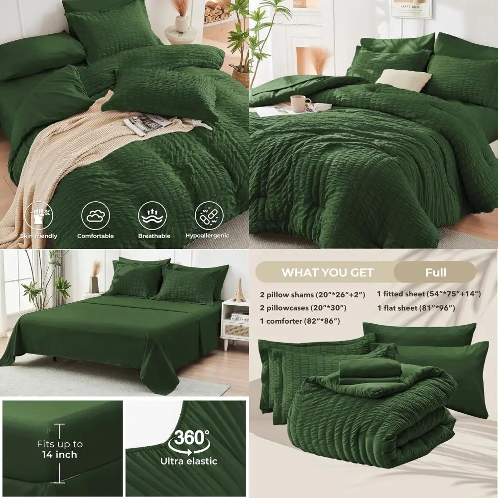 

Комплект постельного белья из 7 предметов из ткани сирсакер: всесезонное роскошное постельное белье с простынями, наволочками и декоративными наволочками.