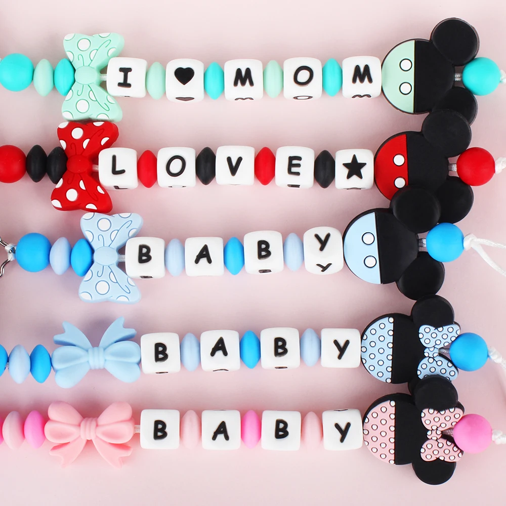 Personalized Name baby pacifier clips Custom Name Pacifier Chain English Letter Silicone Clips Mouse Holder Baby Teething Toy