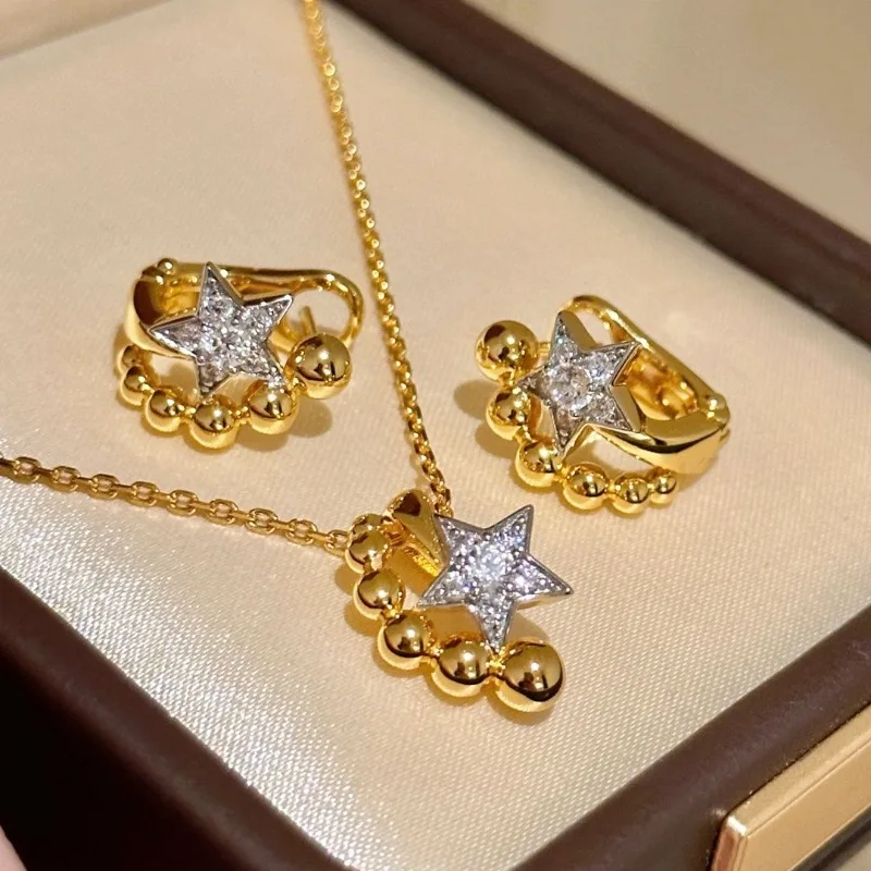 Inspiration High quality round beads pentagram necklace inlay diamonds fashion and luxurious design star collar chain jewelry