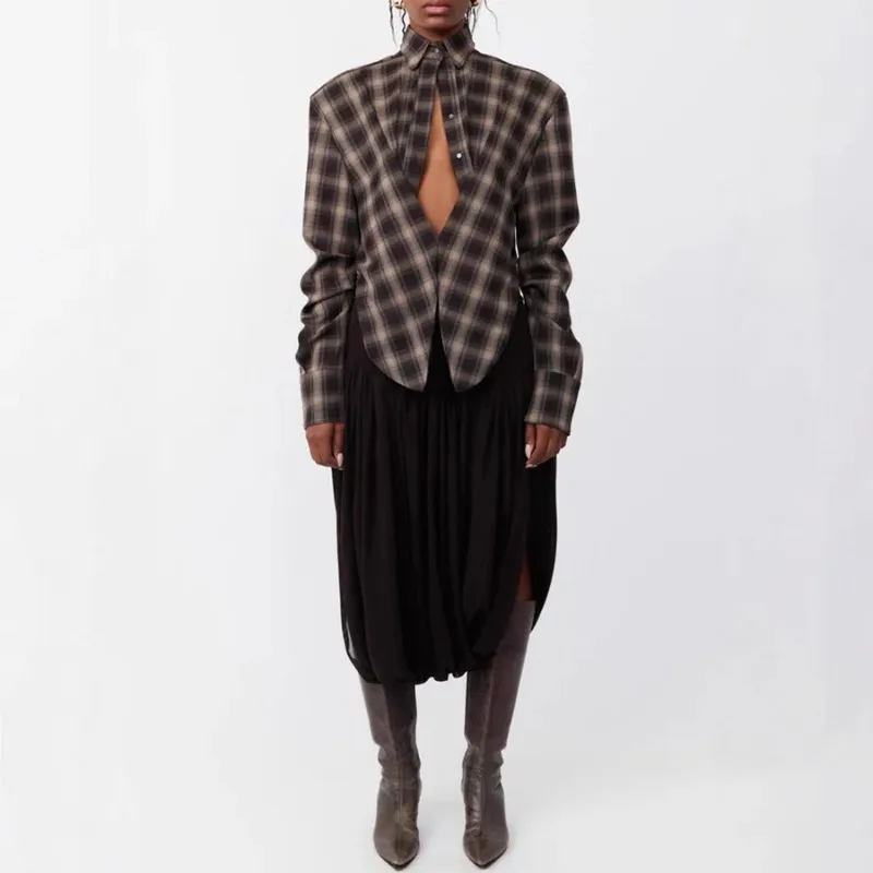 

Новые женские рубашки-блузы в клетку с пуговицами на талии и длинными рукавами, свободного кроя, с отложным воротником, в повседневном стиле, весна 2026