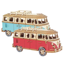 DIY Manual Assembly Model Car Wooden Retro Bus 3D Puzzle Camper Van Educational Toys For Children Gift Home Room Decoration