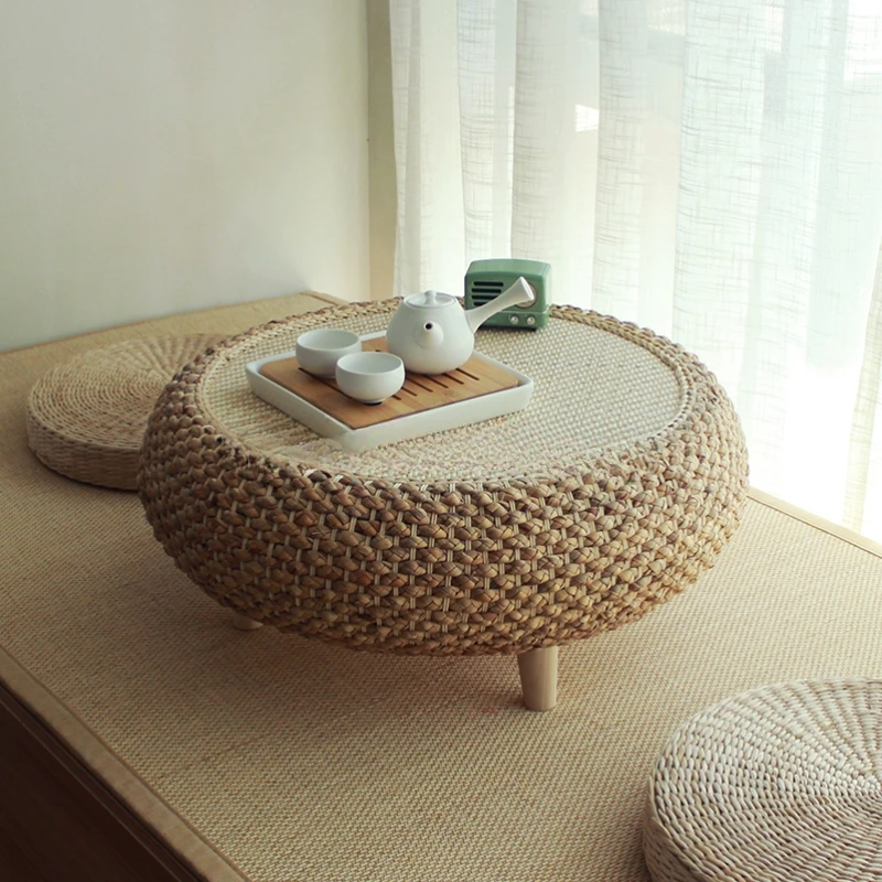 50X50X25 / 60X60X25 CM Japanese Style Straw Coffee Table for Bay Window Low Floor Table Japanese Tea Table For Living Room