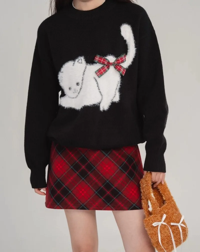 NONSAR الحلو لوليتا سترة المرأة لطيف القط القوس الياقة المستديرة فضفاضة Vintage البلوز الخريف الشتاء أسود أحمر عيد الميلاد البلوزات