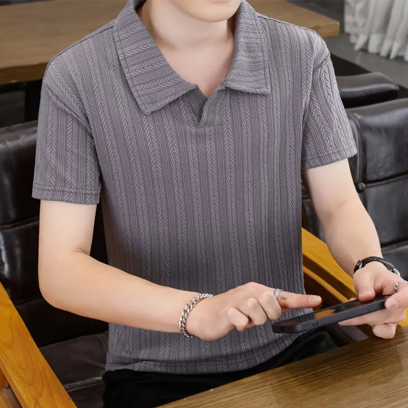 

GELITAYIN Loose-fit Summer Business Pattern Men's Polo Shirt Striped Lightweight Breathable Short-sleeved Sports Casual Golf Pol