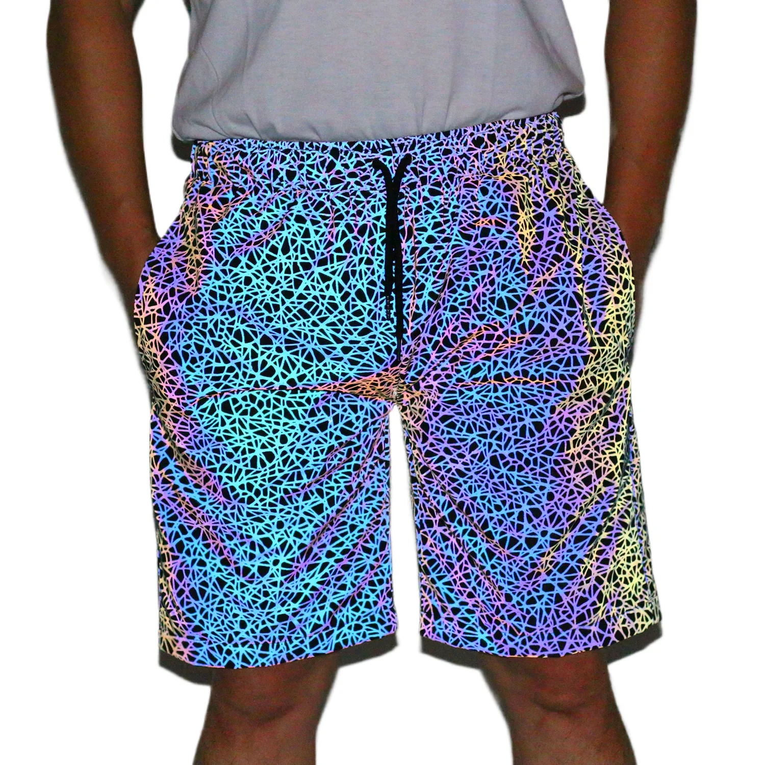 

Men's Fashion High Street Reflective Short Pants Summer Reflect Short Joggers For Male Personality Shorts Elastic Waist