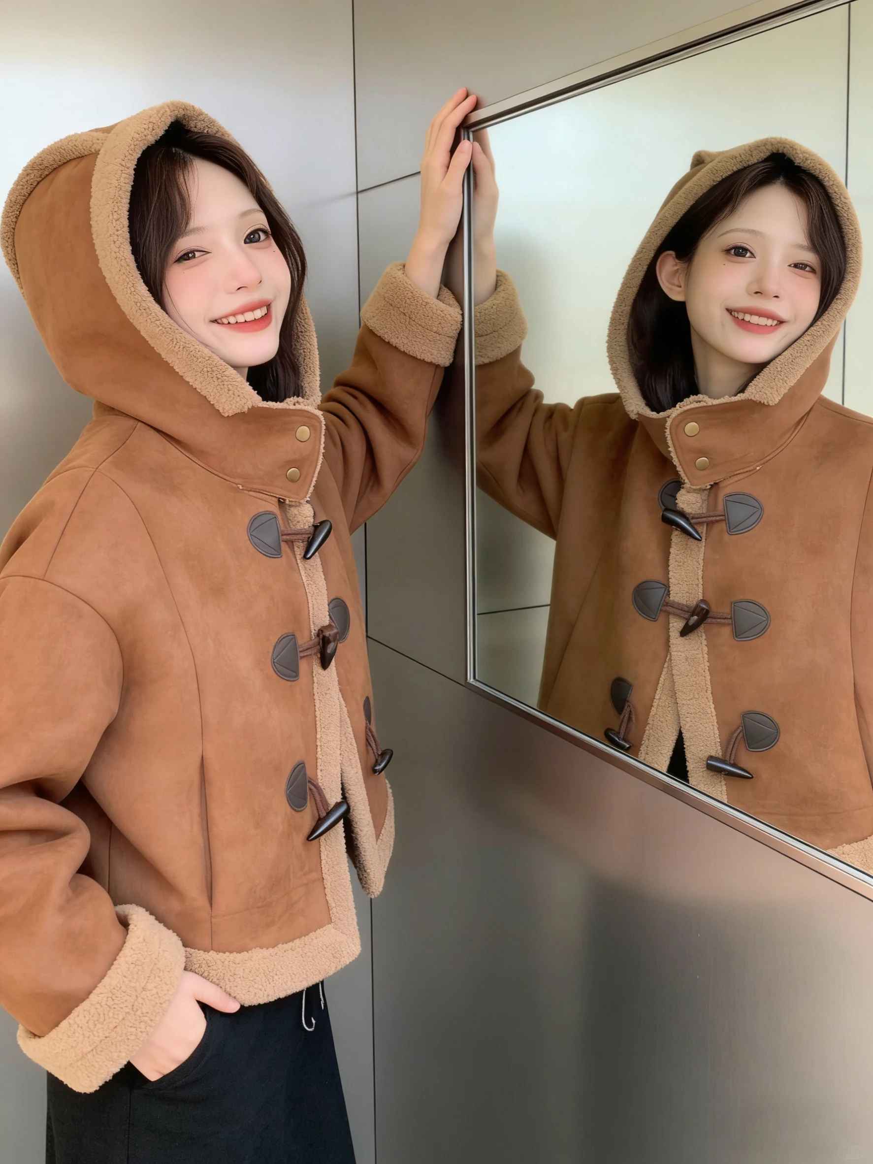 Casaco de inverno retrô de pele sintética de couro de cordeiro Jaet feminino premium ort Thi com capuz e fecho de botão longo cor sve