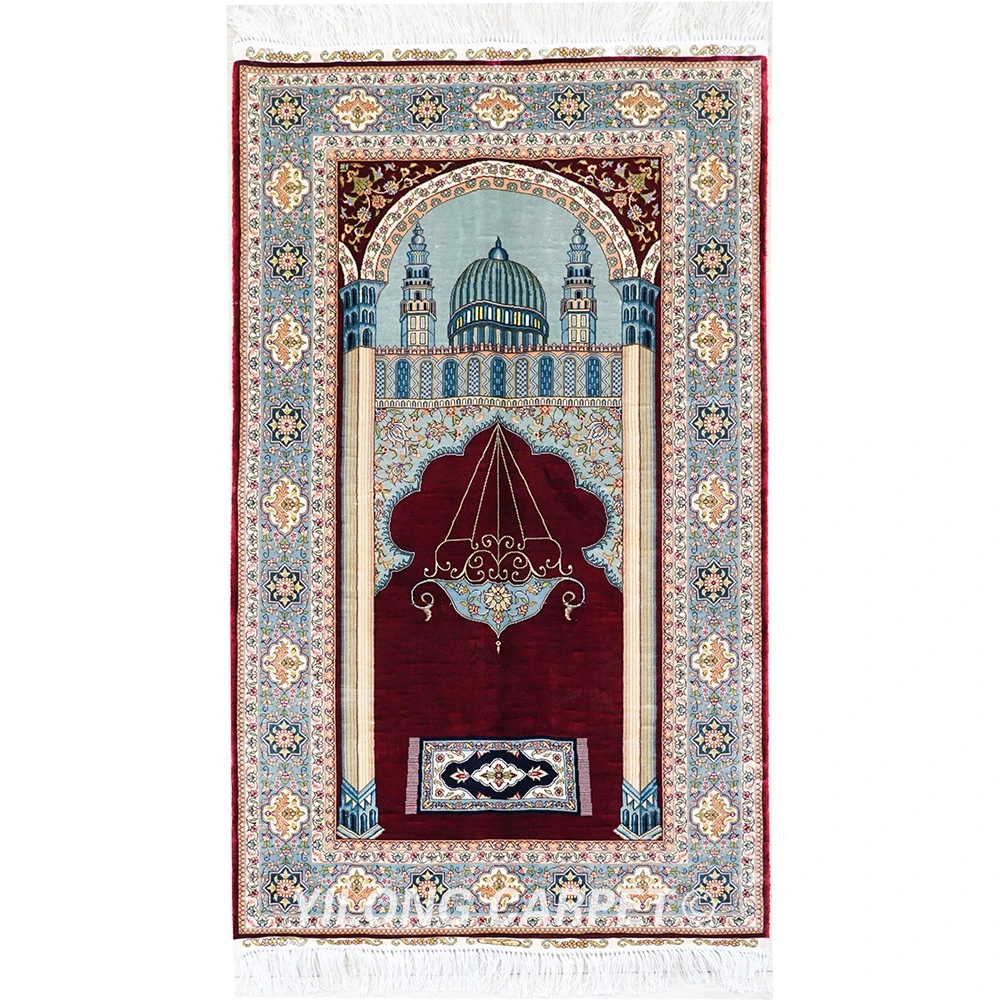 

3'x5' Handknotted Silk Red Area Rug Prayer Muslim Tapestry Indoor Carpet (TJ397A)