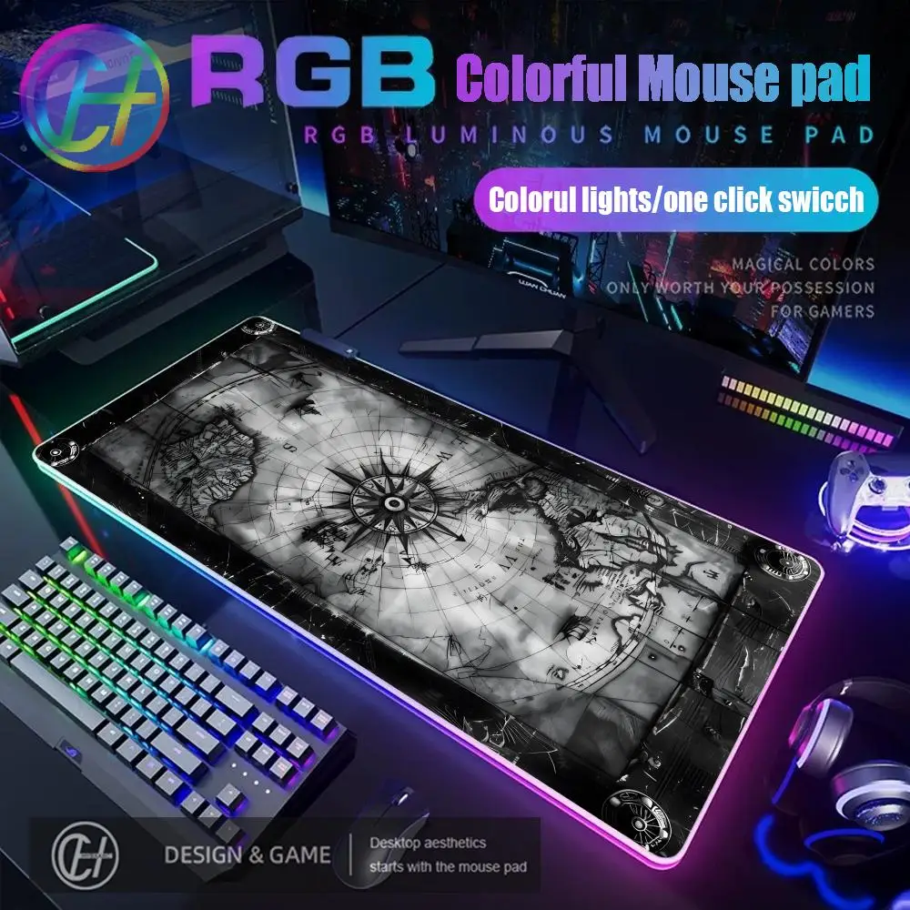 

Винтажный коврик для мыши с морской картой, игровой коврик для мыши RGB, настольный коврик HD Gamer, большой светодиодный светильник, коврики для мыши XXL, ковер для ПК, компьютера