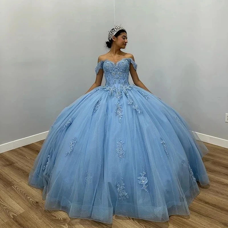 ANGELSBRIDEP-Robe de Rhen tulle bleu ciel pour filles, robes de Quinceanera, appliques chérie, fête d'anniversaire, robe éducative mexicaine, 15 ans