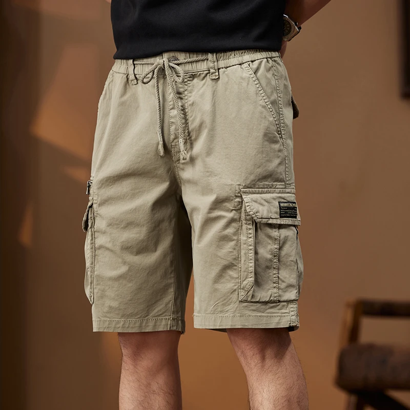 New Men Summer Shorts Pants Multi-Pockets Men\'s Shorts Casual Male Cargo Shorts Pants Fashion Zipper Elastic Waist Kpop Trendy