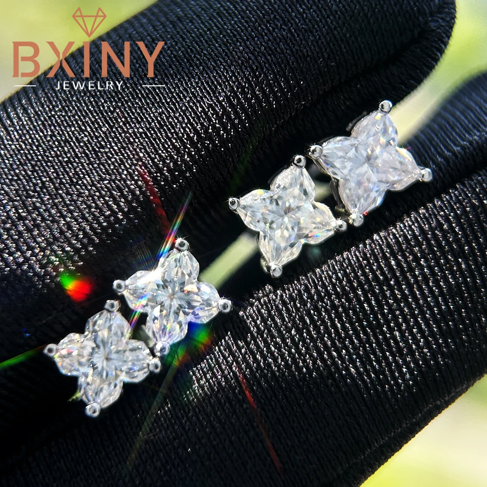 

BXINY Clover/Lily Cut Moissanite Stud Earrings S925 Sterling Silver Certified Diamonds Ear Studs for Women Wedding Gifts Jewelry